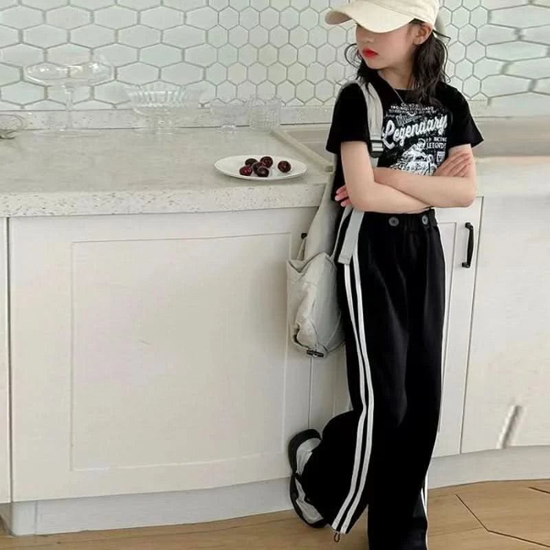 Girls' summer casual suit, new children's fashionable T-shirt, casual pants, summer dress, foreign short-sleeved two-piece set, - M & M Global
