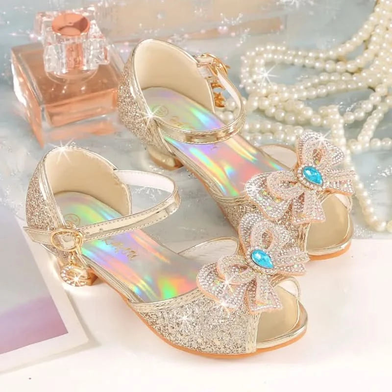 Summer Girls Sandals With Heel Fashion Rhinestone Shiny Glitter Shoes Children Princess Bowtie Pearl Dancing Shoes H876 - M & M Global