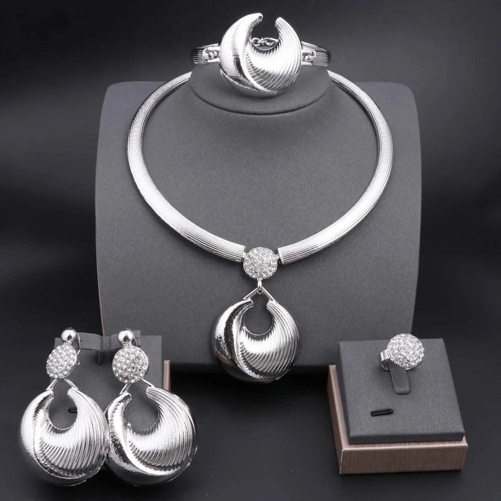 Dubai Jewelry Set For Women Silver Plated Luxury Necklace Earrings Bracelet And Ring Set Jewelry For Wedding Party Trending ﻿ - M & M Global