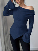 2025 Women Autumn Winter Long Sleeve Y2K Crop Top Trendy Off Shoulder Asymmetrical Fitted Knit V Neck Tee Shirts Tops Streetwear