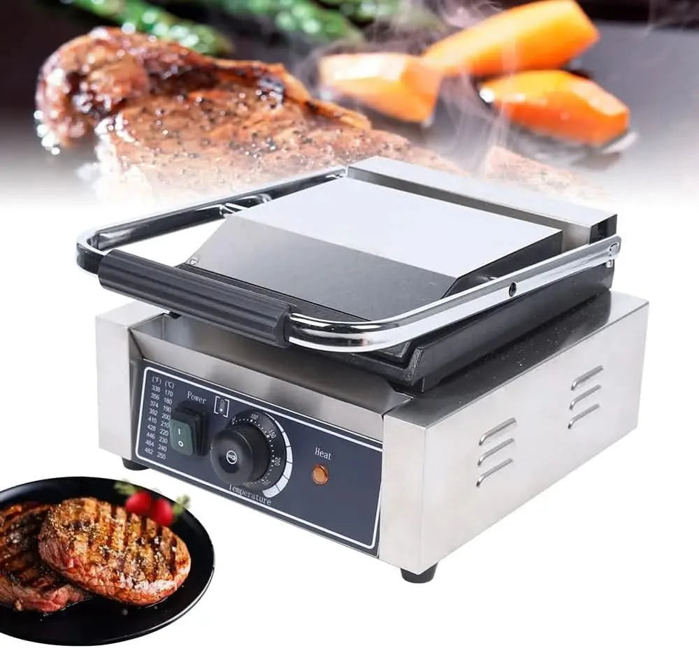 Commercial 1800W Panini Press Grill, Dual-Sided Electric Griddle Machine with Non-Stick Surfaces, Adjustable Temperature Control - M & M Global