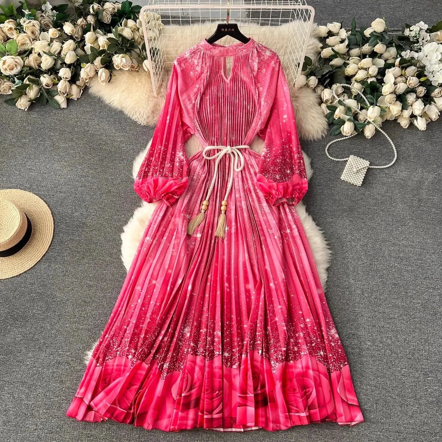 Spring Holiday Print Long Dress For Women Fashion Loose Lantern Sleeve Party Robe Female Big Swing Tassels Belt Pleated Clothes - M & M Global