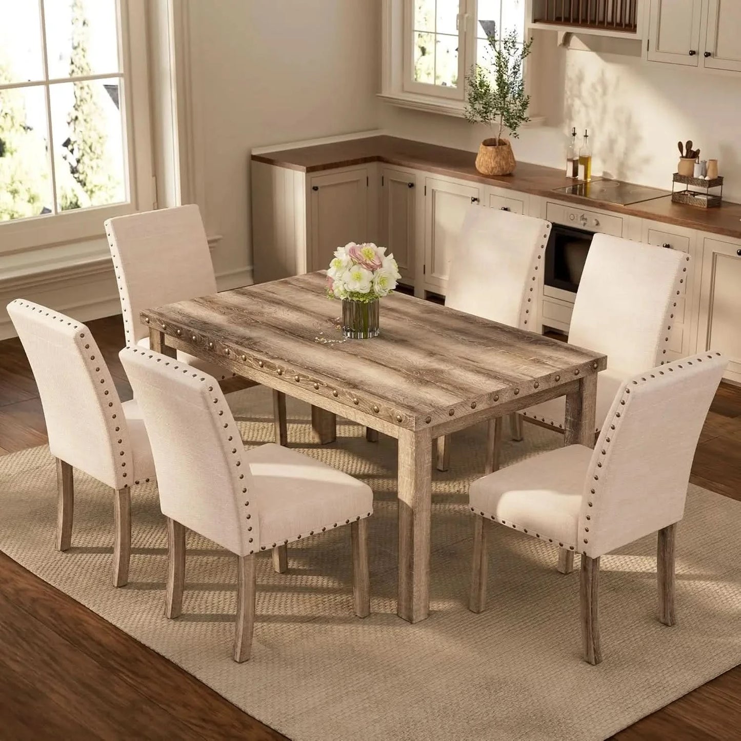 Rustic Dining Table, Farmhouse Kitchen Dining Chairs , Charming 60" Rectangular Wooden Table& Upholstered