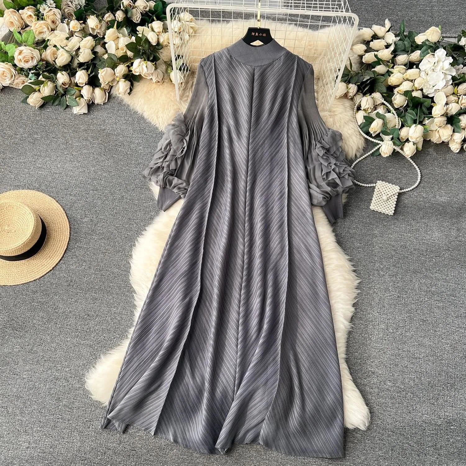 Sweet Pleated Vintage Three-dimensional Flower Loose Long Dress Chic Evening Korean Fashion Fashion Women Summer Dresses - M & M Global
