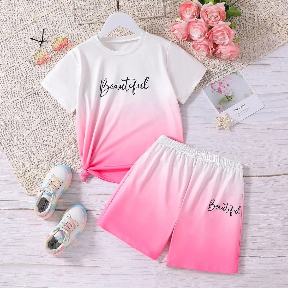 Best-Selling New Style Suit for Girls and Boys, Simple and Fashionable Gradient Letter Printed Short-Sleeved Shorts Suit, Casual Holiday Style - M & M Global