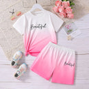 Best-Selling New Style Suit for Girls and Boys, Simple and Fashionable Gradient Letter Printed Short-Sleeved Shorts Suit, Casual Holiday Style - M & M Global