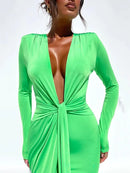 Mozision Deep V Neck Long Sleeve Split Maxi Dress Women Elegant Clubwear 2023 Autumn New Bodycon Ruched Sexy Long Dress - M & M Global