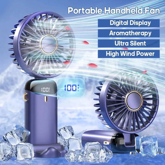 USB Handheld Mini Fan Foldable Portable Neck Hanging Fans 5 Speed USB Rechargeable Fan with Phone Stand and Display Screen - M & M Global