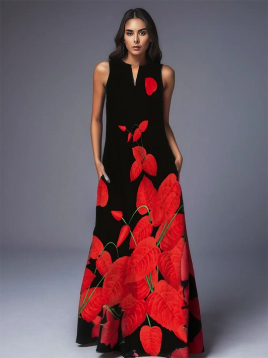 Lady Spring Summer Black Long Dress Sleeveless Red Petals Print Elegant Dresses For Women 2023 Party Beach Women Dress - M & M Global