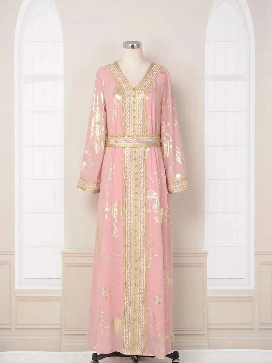 Ramadan Luxury Muslim Fashion Bat Sleeve Moroccan Turkiye Dubai Dress Middle East Arab Dress Sequins Golden Velvet Long Dress - M & M Global