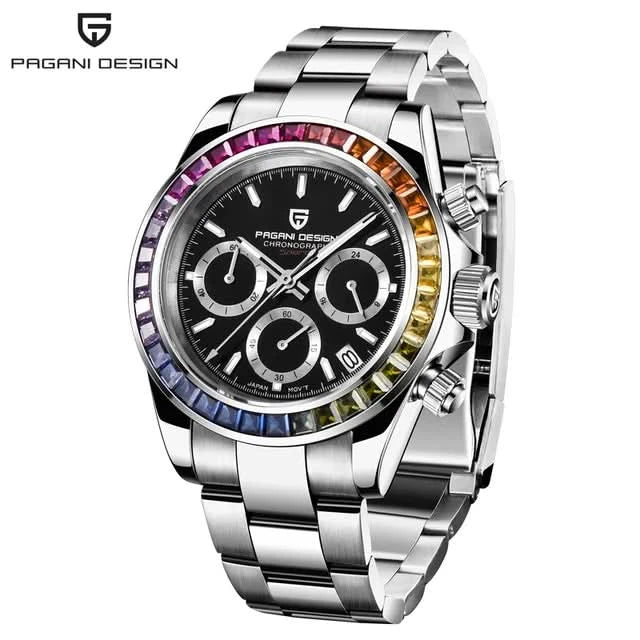 2023 PAGANI DESIGN New Rainbow Bezel Sport Watch Men Quartz Stainless Steel 100MWaterproof Mens Watch VK63 Sapphire Chronograph - M & M Global