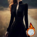 OCEANLOVE Autumn Winter Dresses for Women Hepburn Style Vintage Solid Black Vestidos Mujer Stand Collar Elegant Long Dress - M & M Global