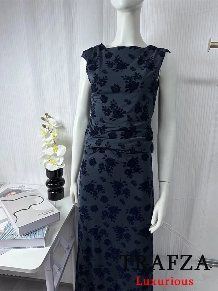 TRAFZA Vintage Casual Chic Women Flocking Suit O-Neck Backless Sleeveless Top Asymmetrical Long Skirt Fashion 2025 Spring Suit - M & M Global