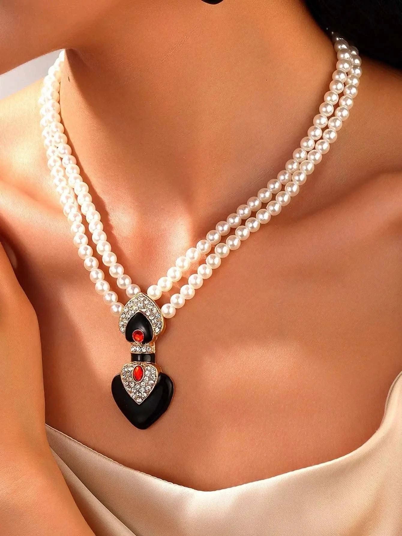 Bride Wedding Jewelry Set Elegant Enamel Rhinestone Love Imitation Pearl Beaded Necklace and Earrings Women's Party Accessories - M & M Global