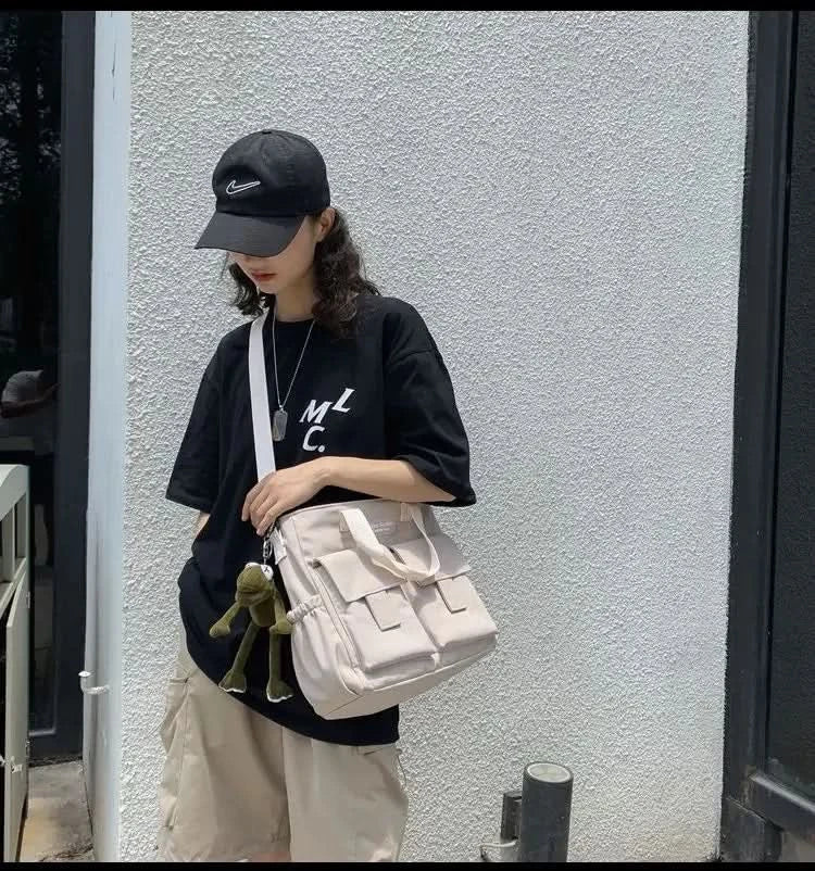 Waterproof Shoulder Bag Women's Multi Pocket Nylon Messenger Bag Preppy Canvas Handbag Women - M & M Global