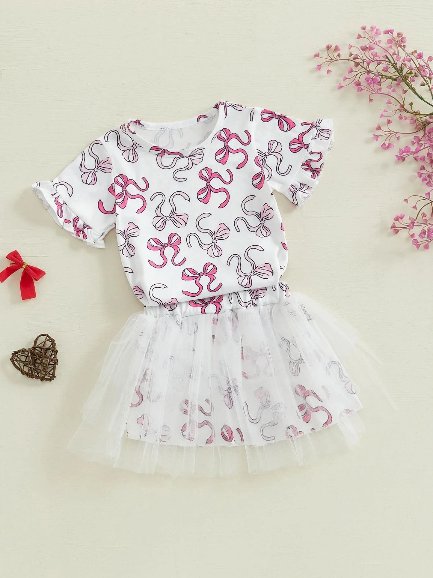 Infant Girls 2-Piece Summer Set with Short Sleeve Bow Print Top and Tulle Skirt - Adorable Baby Clothing for Warm Weather - M & M Global