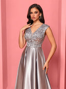 New Luxury Gold Satin V-Neck Sequins Embroidery Formal Evening Dresses Women Long Elegant Wedding Party A-line Cocktail Gowns
