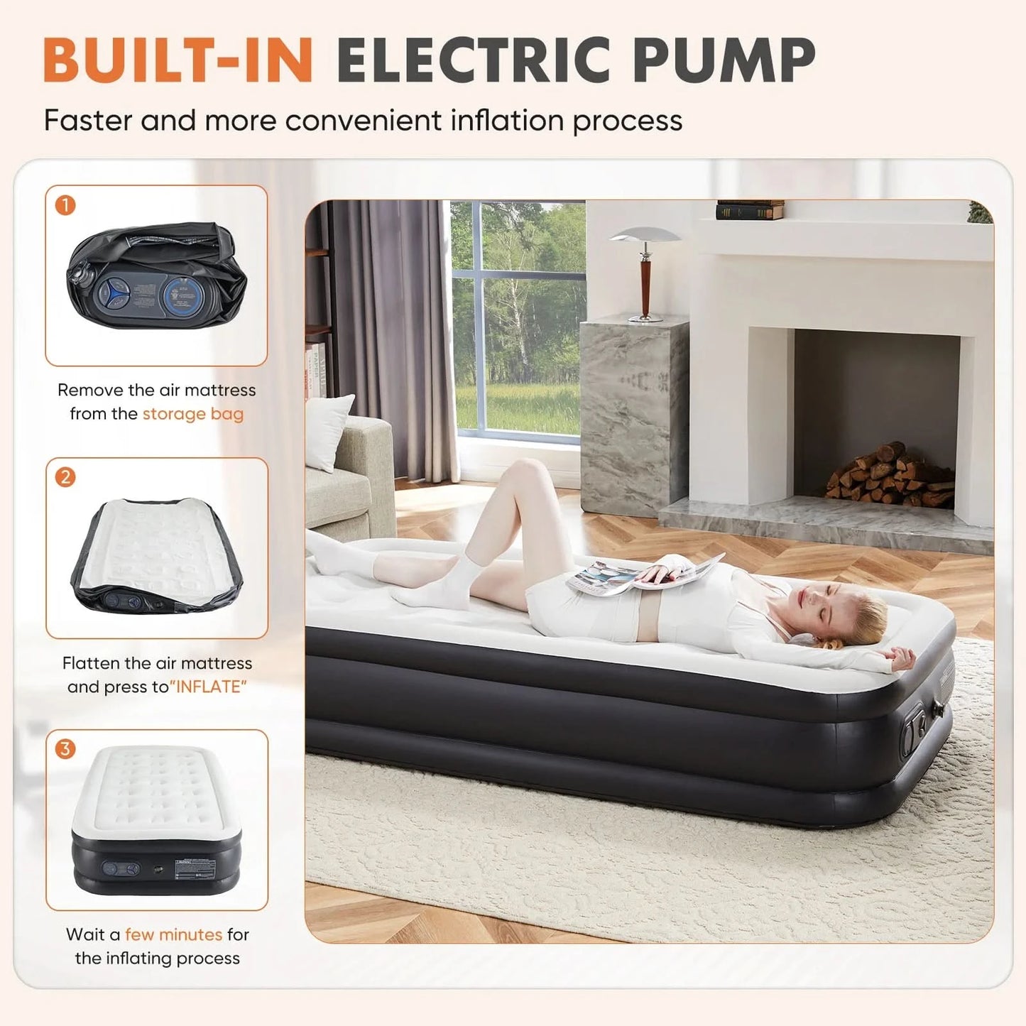 JHK Queen Twin Size Air Mattress Blow Up Double Height Non-Slip Bottom Weight Capacity 660 lbs Air Bed for Bed Home or Camping
