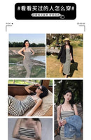 Striped Knitted Slim Dresses Women's Summer Skinny Sleeveless Bodycon Long Dress Casual Holiday Wrap Hip Sundress - M & M Global