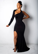 Spring Fall Longuette Long-sleeved Elastic Force Single Sleeve Slim Long Women's Dress