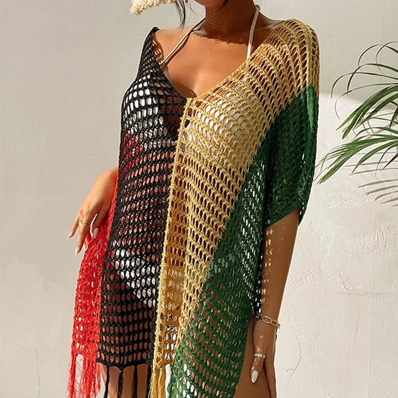 Knitted Contrast Tassel Bikini Summer Beach Cover Up Sexy Hollow Out Women V Neck Loose Beachwear Sunscreen Smock - M & M Global