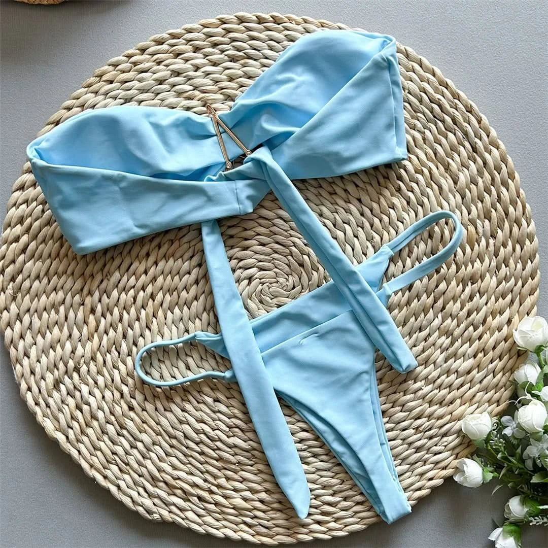 New Metal Star Bandeau High Cut Thong Bikini Women Swimwear Female Swimsuit Two-pieces Bikini set Bather Bathing Suit Swim V6422 - M & M Global