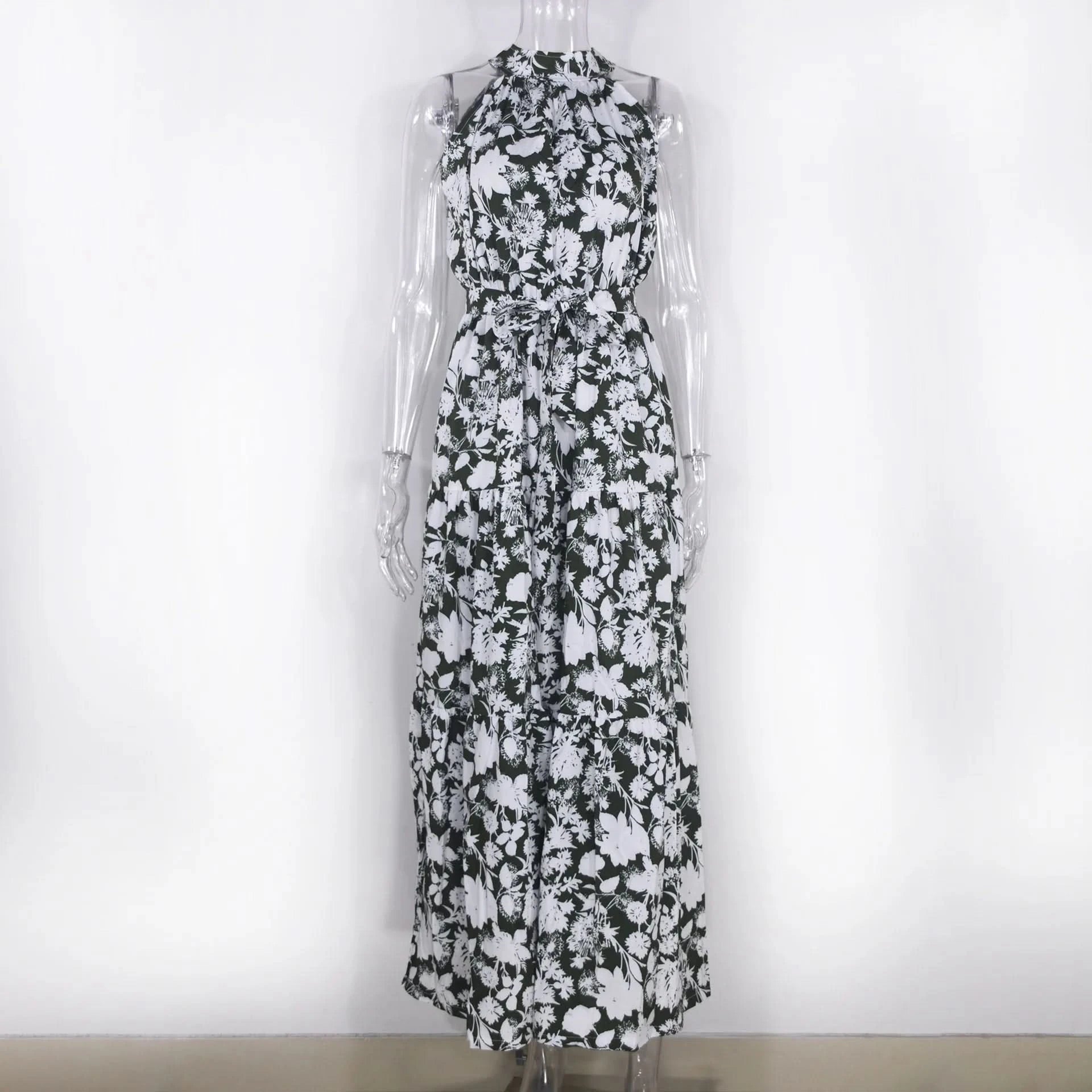 Summer Floral Print Halter Neck Dresses For Women Sleeveless Leace-up Long Dress Casual Beach Holiday Vestidos Female Clothing - M & M Global