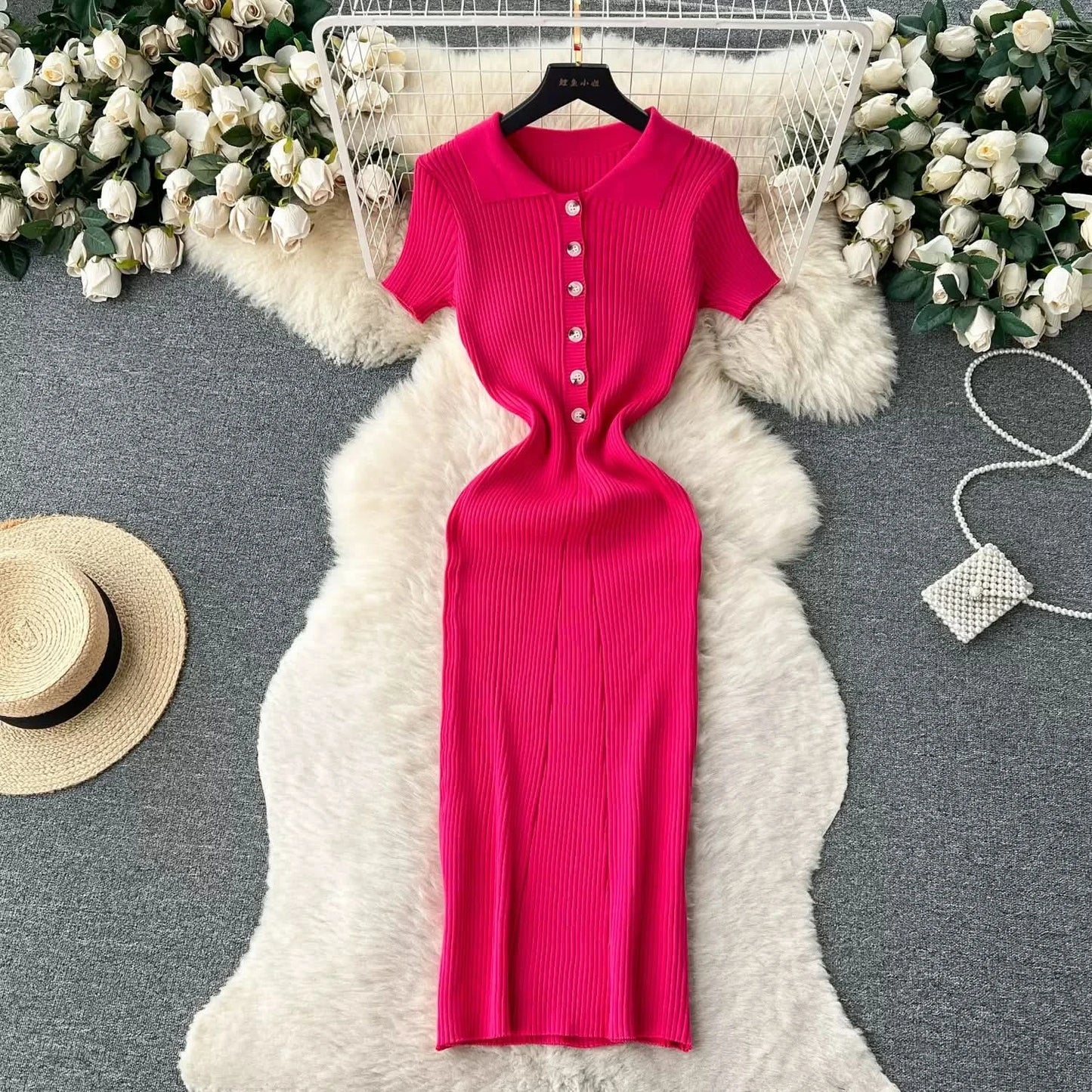 Summer Elastic Women Solid Knit Dress Summer Rose Red Retro Loose Sundress Sets 2024 bodycon Streetwear Sheer Beach Long Dress - M & M Global