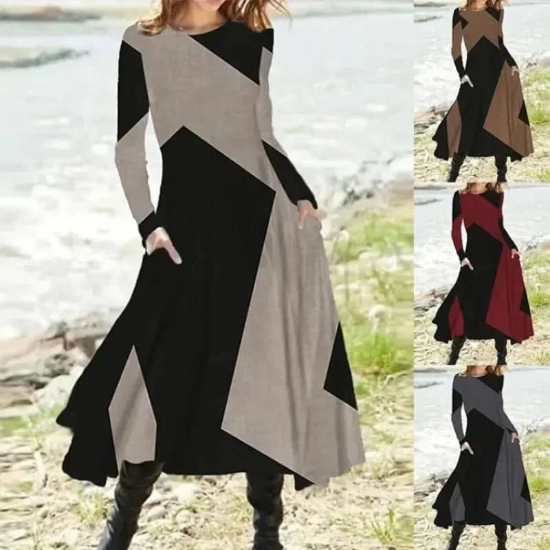 Long Dress Casual Eid Style Retro Autumn and Winter Long Sleeved Oversized Swing Maxi Dresses Patchwork Streetwear Vestidos - M & M Global