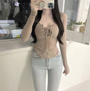 Autumn Sexy Women T Shirts Korean Lace Up Slim Long Sleeve Female Casual Tees Y2k Fashion New All Match Ladies Crop Tops