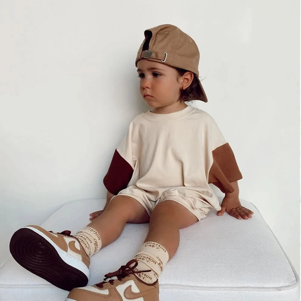 New Summer Cotton Toddler Short Sleeve T shirt And Shorts Set Baby Boys Girls Clothes Stitching Color Casual Tops Outfits 2PCS - M & M Global