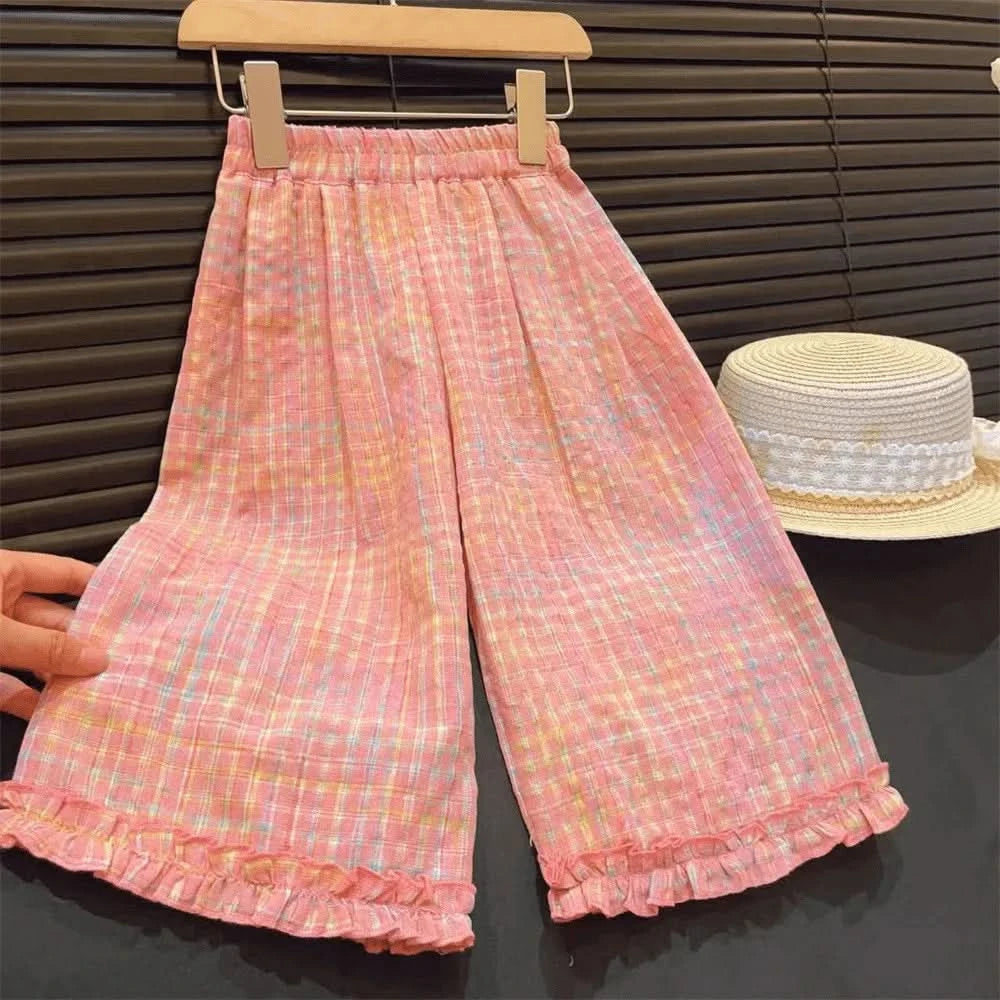 Bear Leader Children's Clothing Girls' Pink Clothing Summer Lace Contrasting Plaid Tank Top+Wide Leg Pants Two-piece Sets - M & M Global