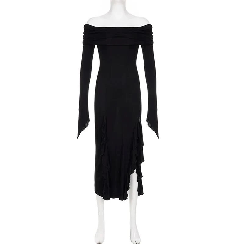 IAMSURE Elegant Fashion Dark Ruffles Split Long Dress Gothic Slash Neck Long Sleeve Maxi Dresses For Women 2023 Holiday Beach - M & M Global