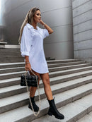 Women's Solid Color Button Front Shirt Dress - Casual Long Sleeve Lapel Dress for Spring & Fall