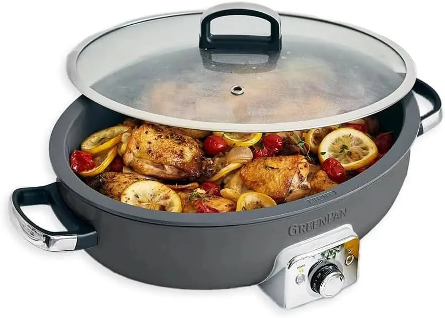 Elite 5.5QT Electric Oval Skillet, PFAS-Free Ceramic Nonstick, 1800 Watt, Dishwasher Safe Lid & Removable Crock, Adjustable Temp - M & M Global