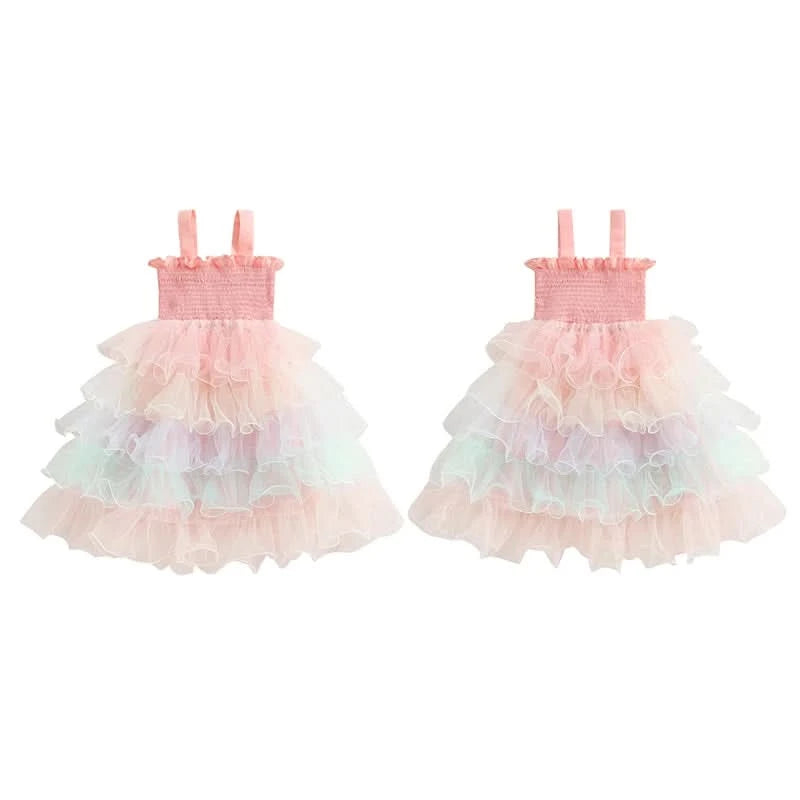 Lioraitiin Baby Kids Girl s Slip Dress  Casual Sleeveless Contrast Color Layered Summer A-line Dress Tulle Princess Dress - M & M Global