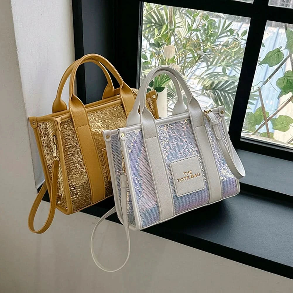 New The Tote Bag Letter Printed Sequins Top-Handle Bag Women Leather Handbag Luxury Designer Glitter Shoulder Crossbody Bag - M & M Global