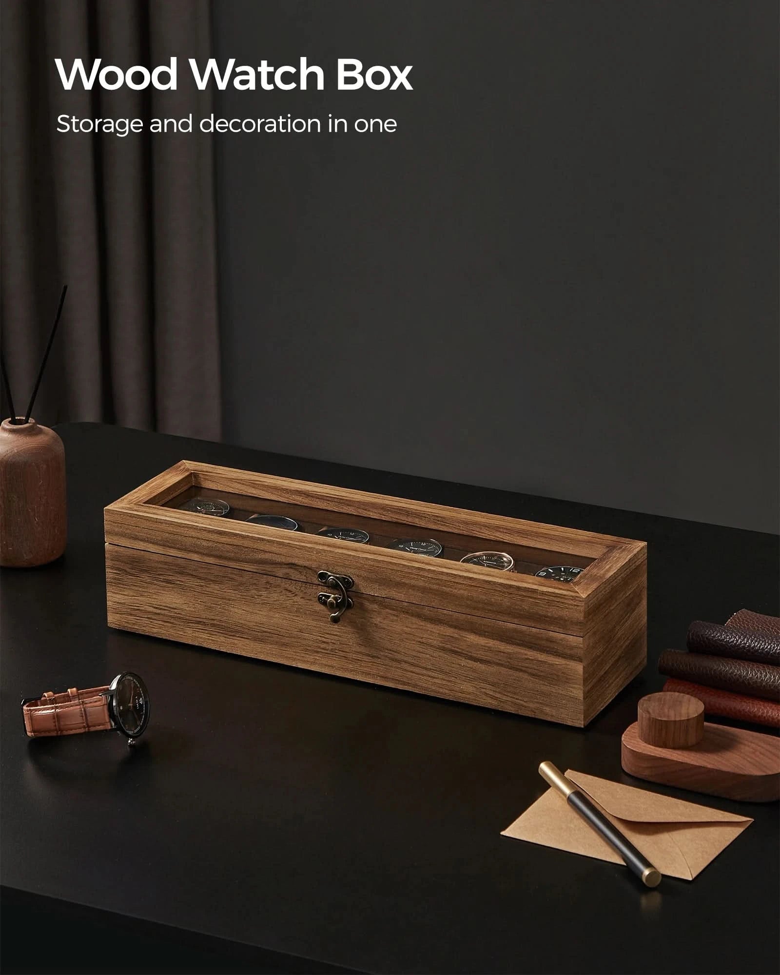 SONGMICS Watch Box, 6-Slot Watch Case, Solid Wood Watch Box Organizer with Glass Lid, Watch Display Case with Removable Pillows - M & M Global