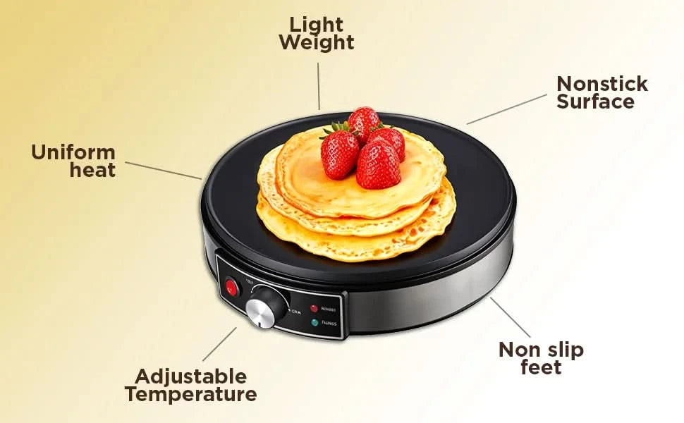 Electric Crepe Maker, Nonstick Multi-Function Tortilla Machine, Ideal for Crepes, Pancakes & Roti, Wooden Spatula & Batter Sprea - M & M Global