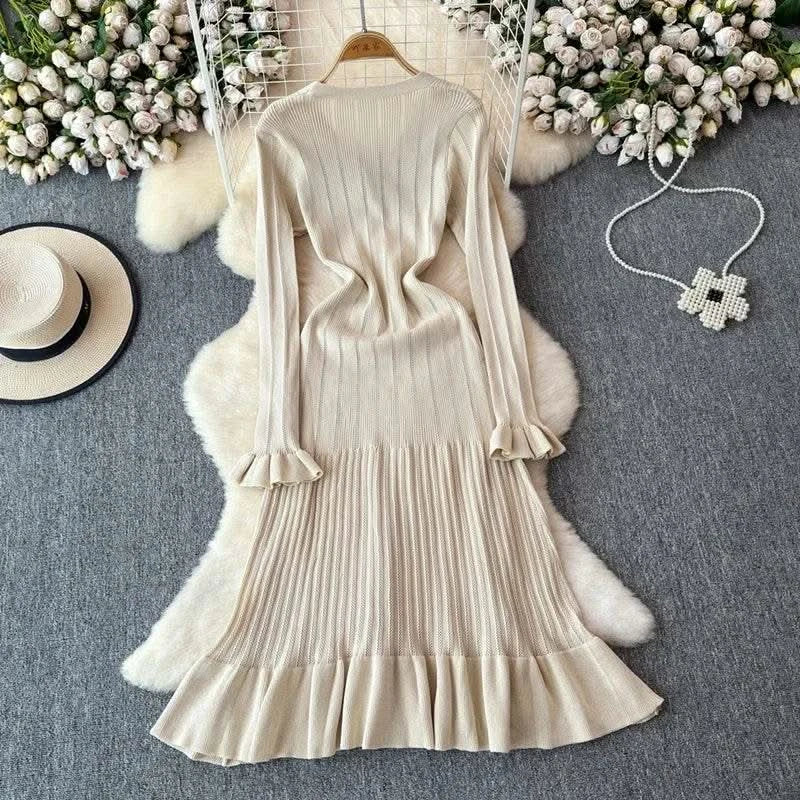 2024 Green Fashion Autumn Winter Knitted Long Dress French Style Letter Buttons Elegant Sweater Dress Lady Office Bodycon - M & M Global
