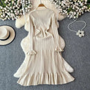 2024 Green Fashion Autumn Winter Knitted Long Dress French Style Letter Buttons Elegant Sweater Dress Lady Office Bodycon - M & M Global