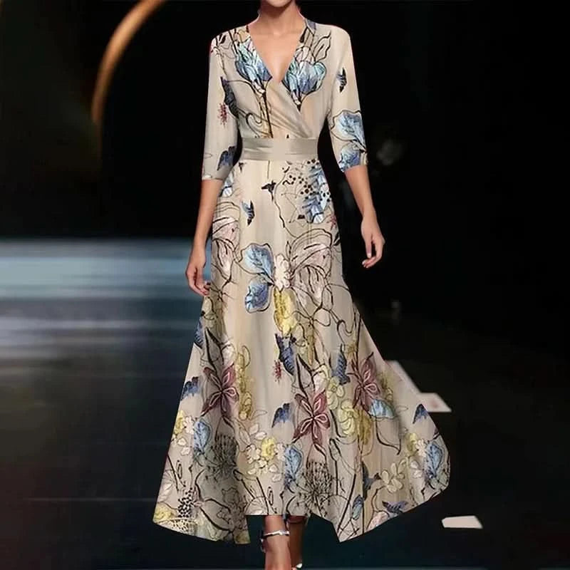 Elegant Women Long Dress Women V Neck 3/4 Sleeve A-Line Party Dresses For Women Fashion Flower Printed Vestidos Robe - M & M Global