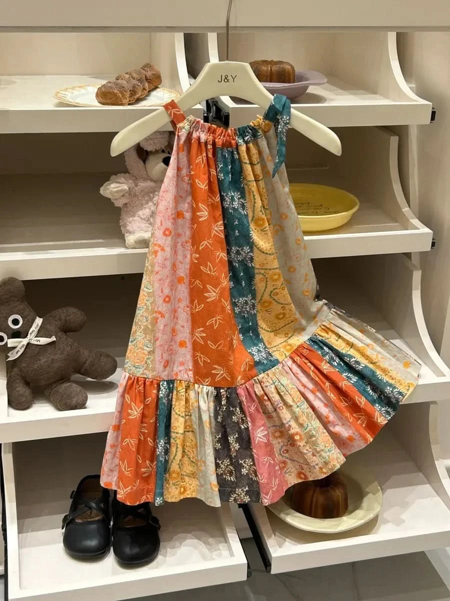 Girls Casual Dresses Floral Print Halter Sleeveless Top Girls Dress Kids Clothes for 2 To 7 Years Chinese Traditional Dress - M & M Global