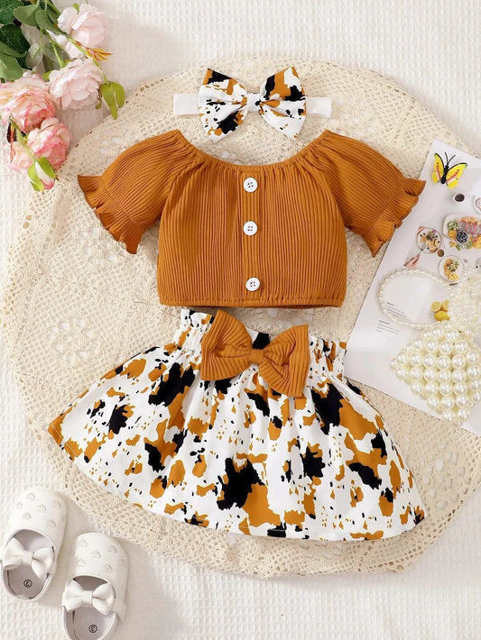 Baby Girl Summer Two-Piece Set Cute Casual one Shoulder Buckle Bow Short Skirt Set Headband Two-Piece Set - M & M Global