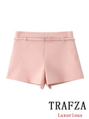 TRAFZA Vintage Chic Solid Women Suit V Neck Sleeveless Sashes Vest Blazer Straight Shorts New Fashion 2025 Summer Office Sets - M & M Global