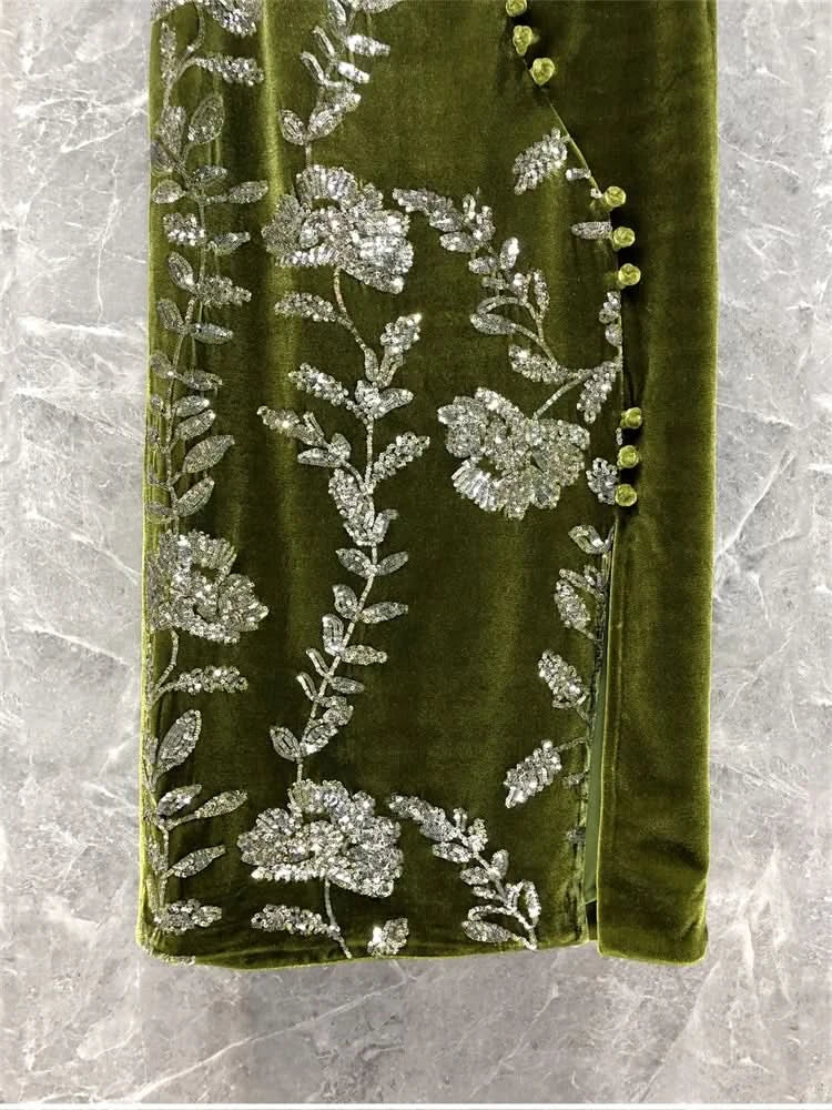 Retro Green Velvet Split Skirt Women Sequin Floral Heavy Industry High Waist A Line Long Dress Elegant Mid Length Skirt Fashion - M & M Global