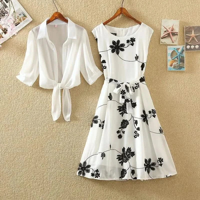 New Elegant Suit Two-piece Dress High Waist Sleeveless Slim A-line Skirt Floral Embroidery White Top Bow Belt Vintage  WOMEN - M & M Global