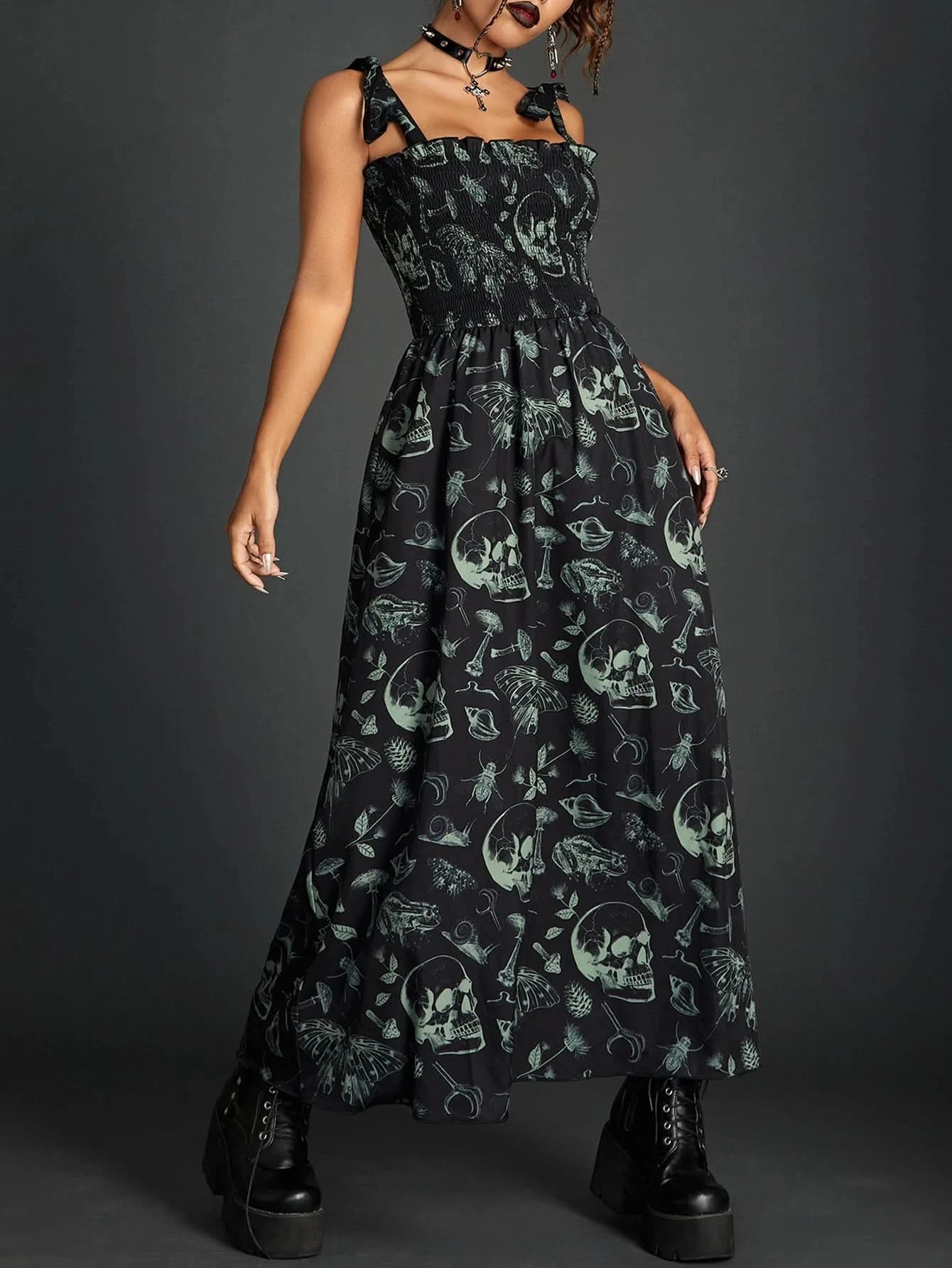 Goth Dark Fairy Grunge Y2k Aesthetic Skull Graphic Dresses Mall Gothic Shirring Lace Up Long Dress Punk A-line Slim Emo Clothing - M & M Global