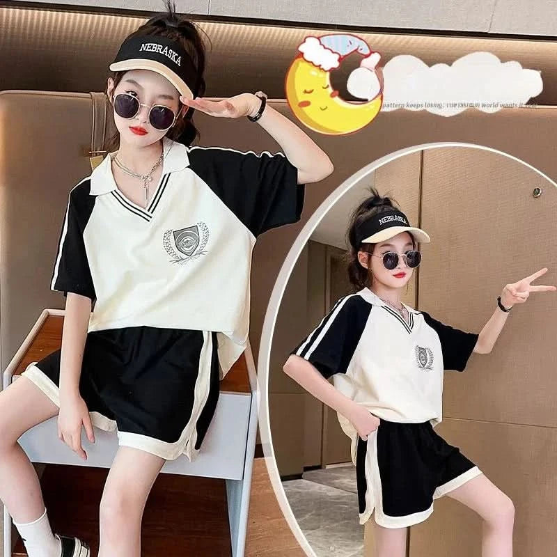 Summer Clothes Set for Children Girls Fashion V Neck T-shirts and Shorts 2pcs Suit Teenage Lapel Top Bottom Outfits Tracksuits - M & M Global