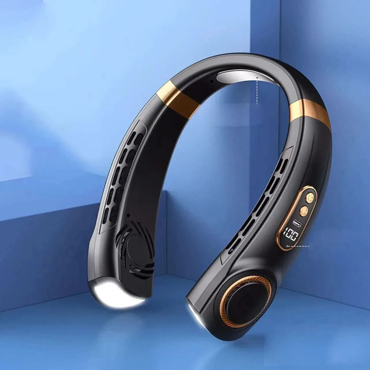 Black and gold neckband device on a blue background
